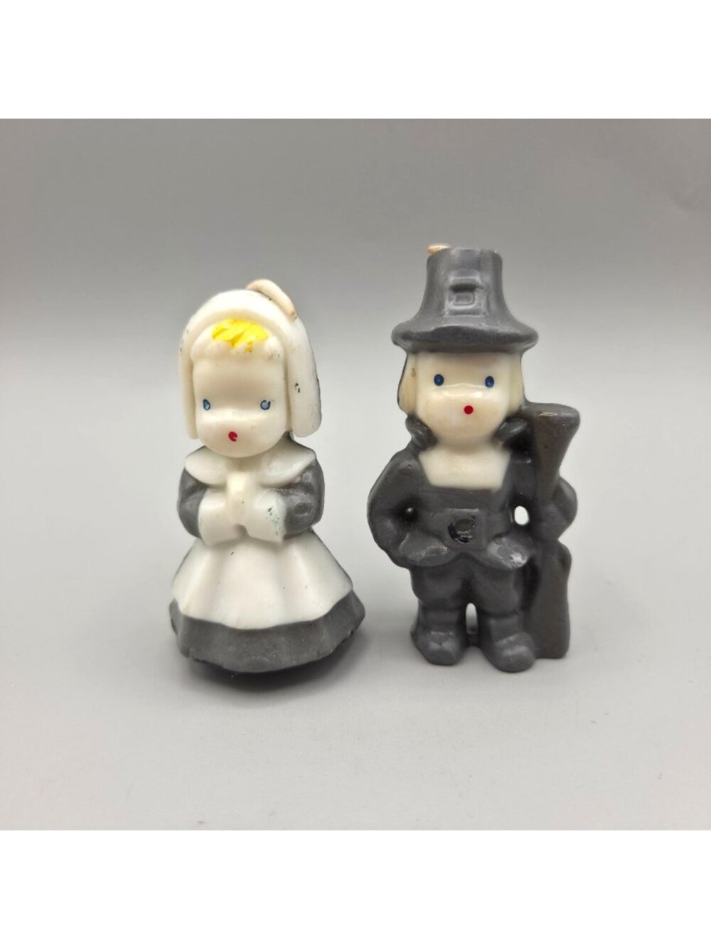 Vintage Gurley Pilgrim Figure Candles Collectible Gray Hat Thanksgiving Set Of 2